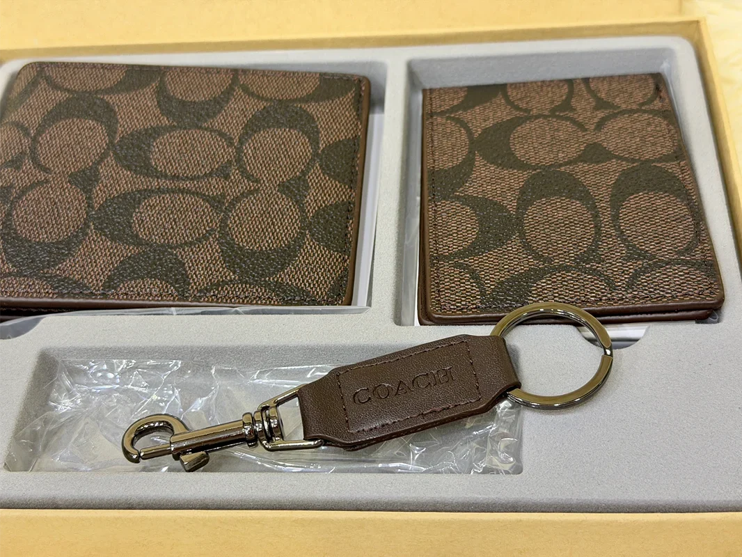 Coach Brown Signature Canvas Wallet Gift Set with Card Holder & Keychain