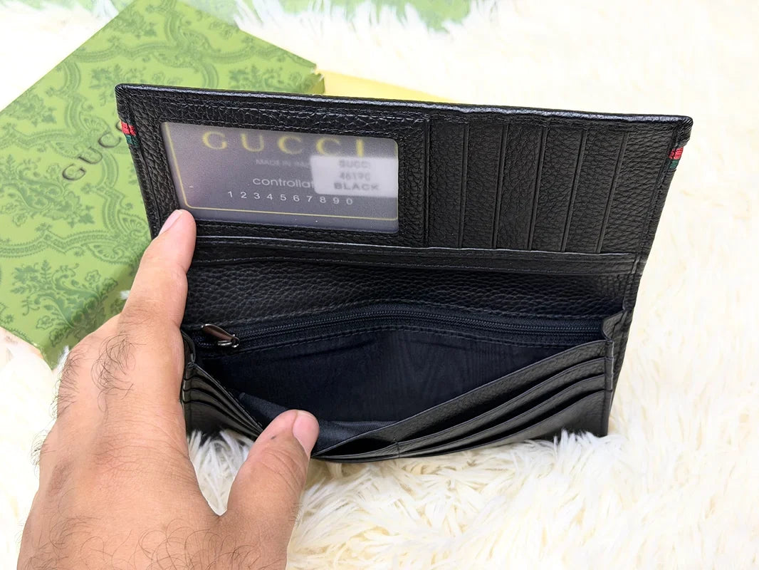 Gucci Black Embossed GG Long Wallet with Green Red Web Accents