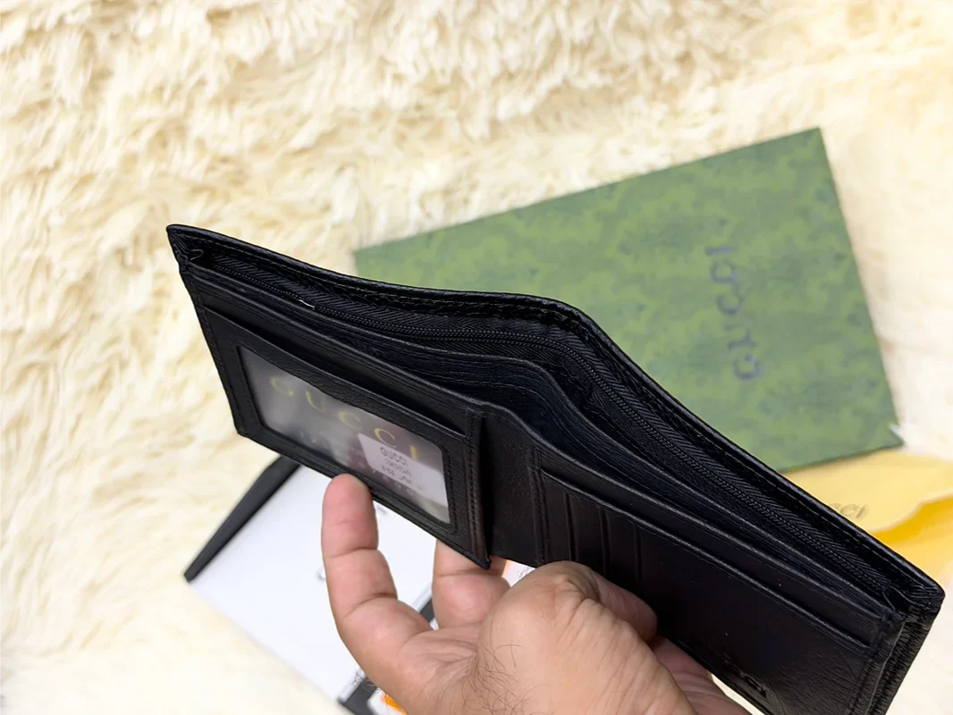 Gucci Black Textured Bifold Wallet with Red Stripe & Logo Detail