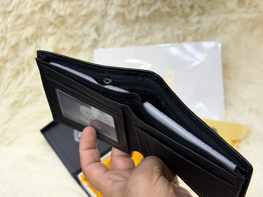 Versace Black Geometric Bifold Wallet with Gold Medusa Logo