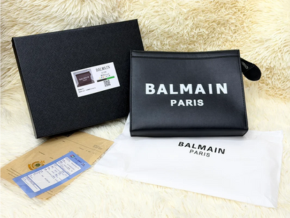 Balmain Black Paris Logo Leather Zip Pouch