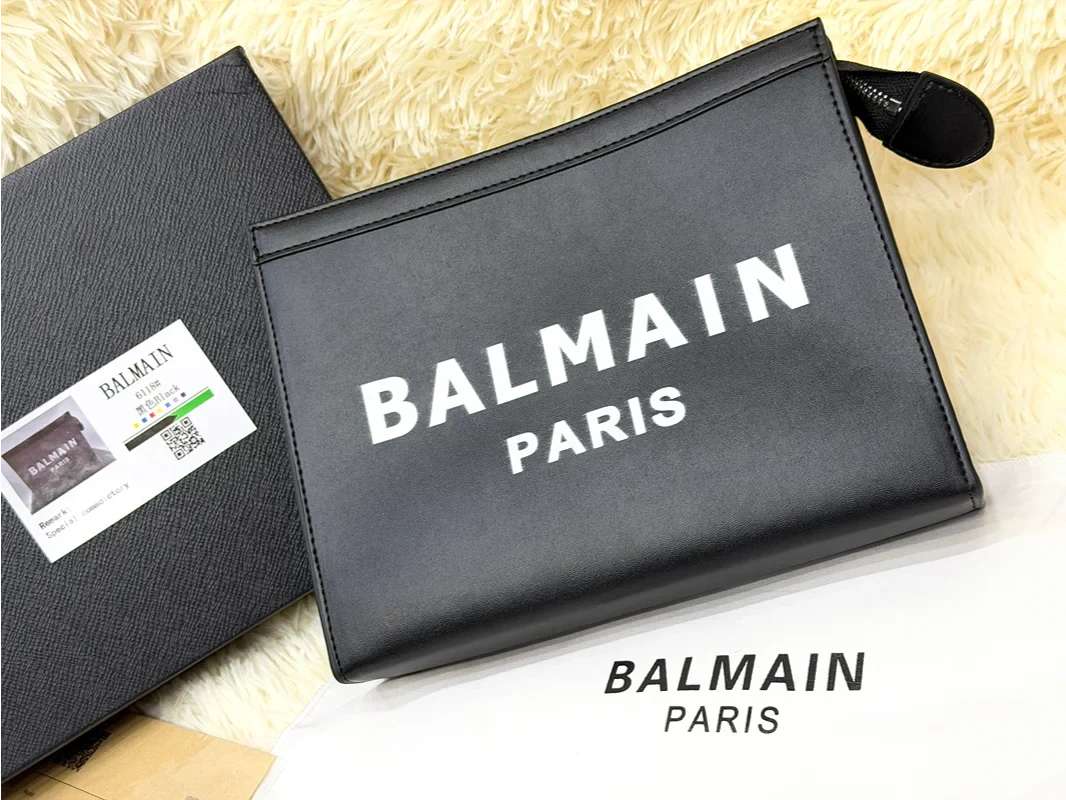 Balmain Black Paris Logo Leather Zip Pouch