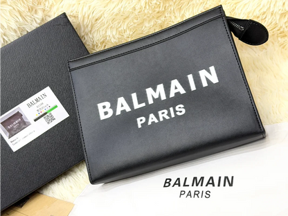 Balmain Black Paris Logo Leather Zip Pouch
