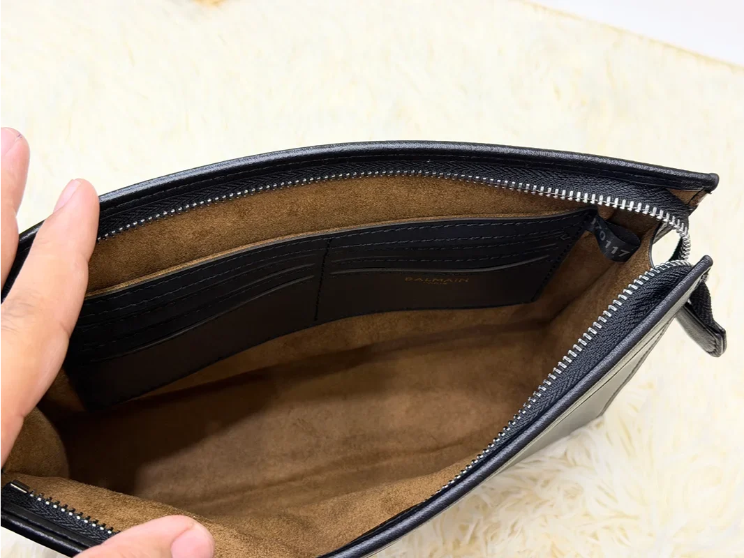Balmain Black Paris Logo Leather Zip Pouch