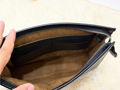 Balmain Black Paris Logo Leather Zip Pouch