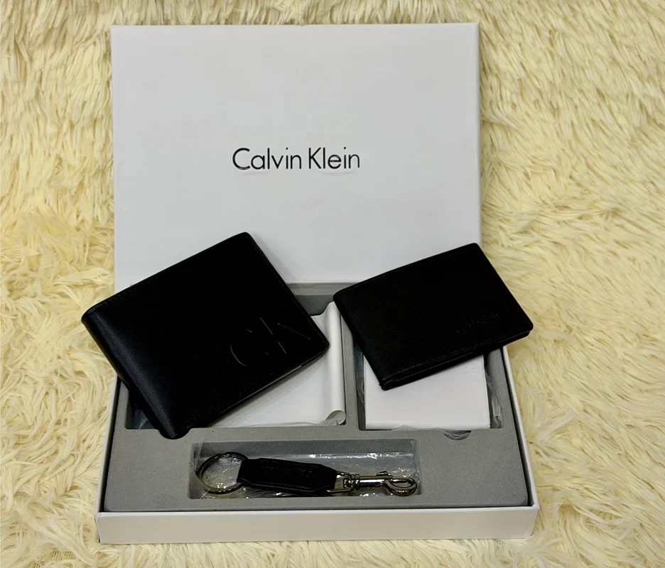 Calvin Klein Black Embossed CK Logo Wallet Gift Set with Card Holder & Keychain