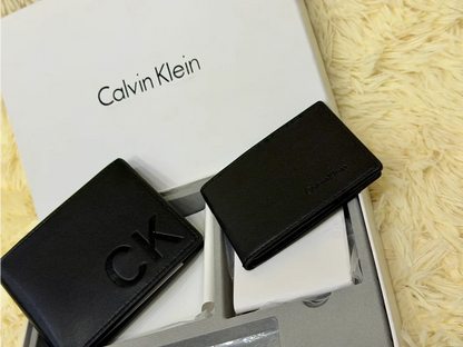 Calvin Klein Black Embossed CK Logo Wallet Gift Set with Card Holder & Keychain