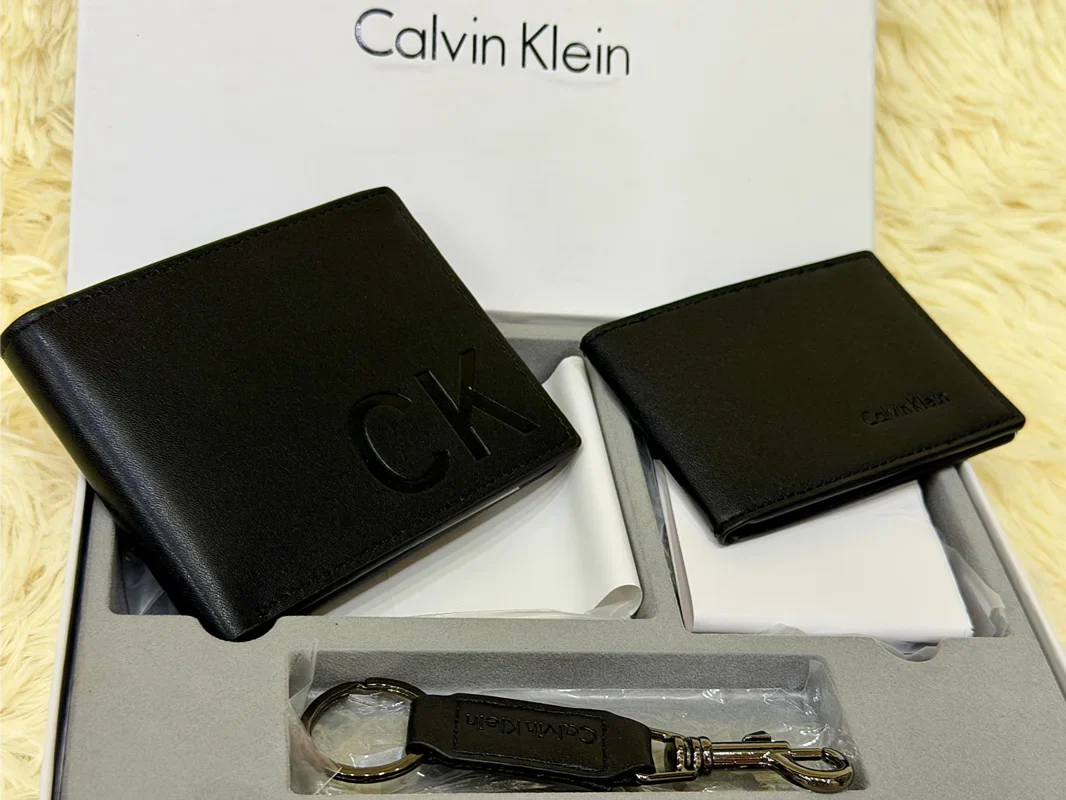 Calvin Klein Black Embossed CK Logo Wallet Gift Set with Card Holder & Keychain