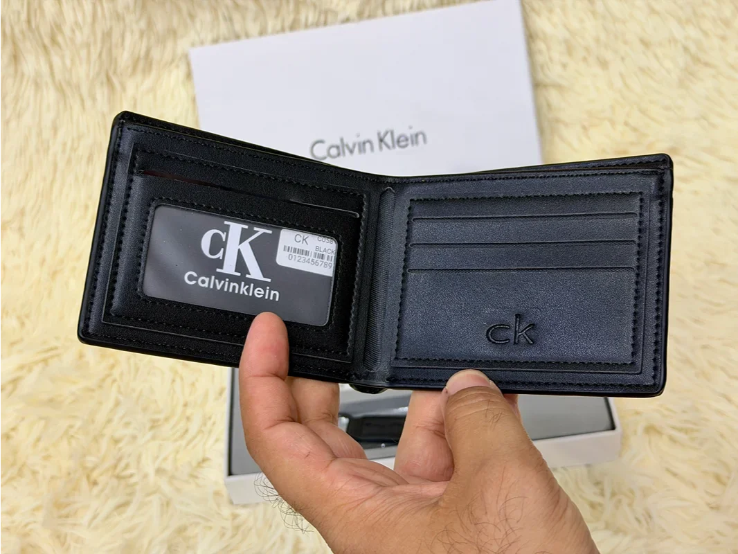 Calvin Klein Black Embossed CK Logo Wallet Gift Set with Card Holder & Keychain