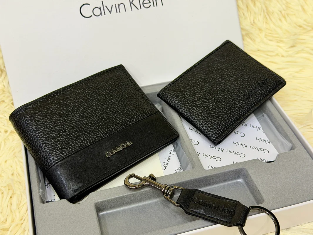 Calvin Klein Black Embossed Logo Wallet Gift Set with Card Holder & Keychain
