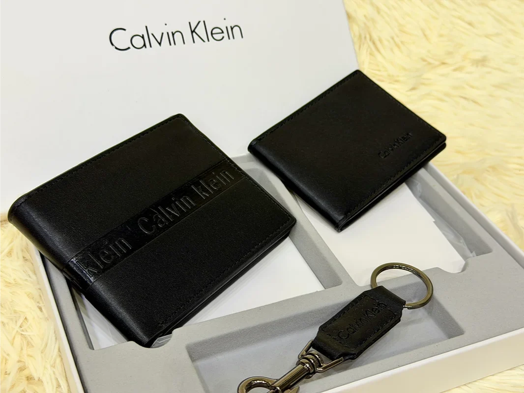 Calvin Klein Black Embossed Logo Wallet Gift Set with Card Holder & Keychain