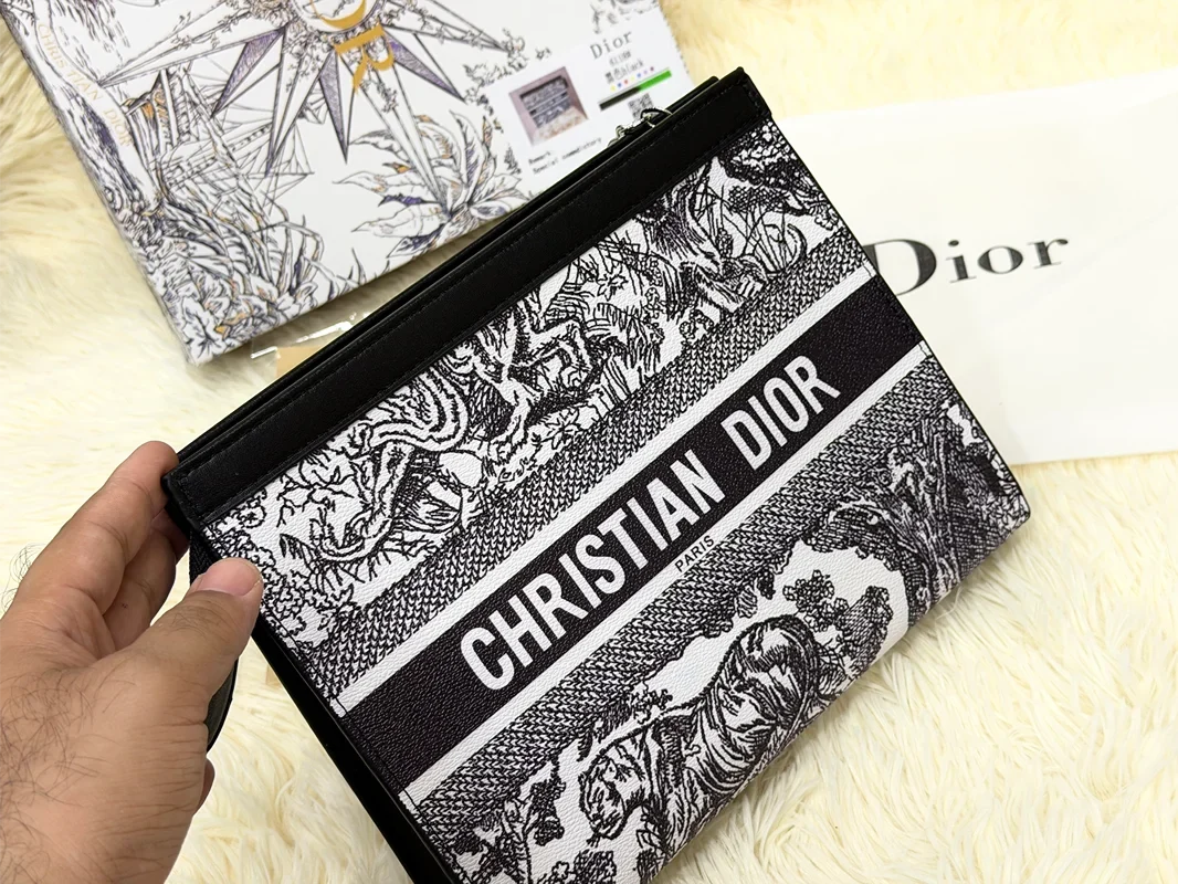 Christian Dior Black & White Toile Print Zip Pouch