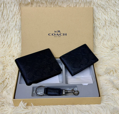 Coach Black Tonal Signature Wallet Gift Set with Card Holder & Keychain