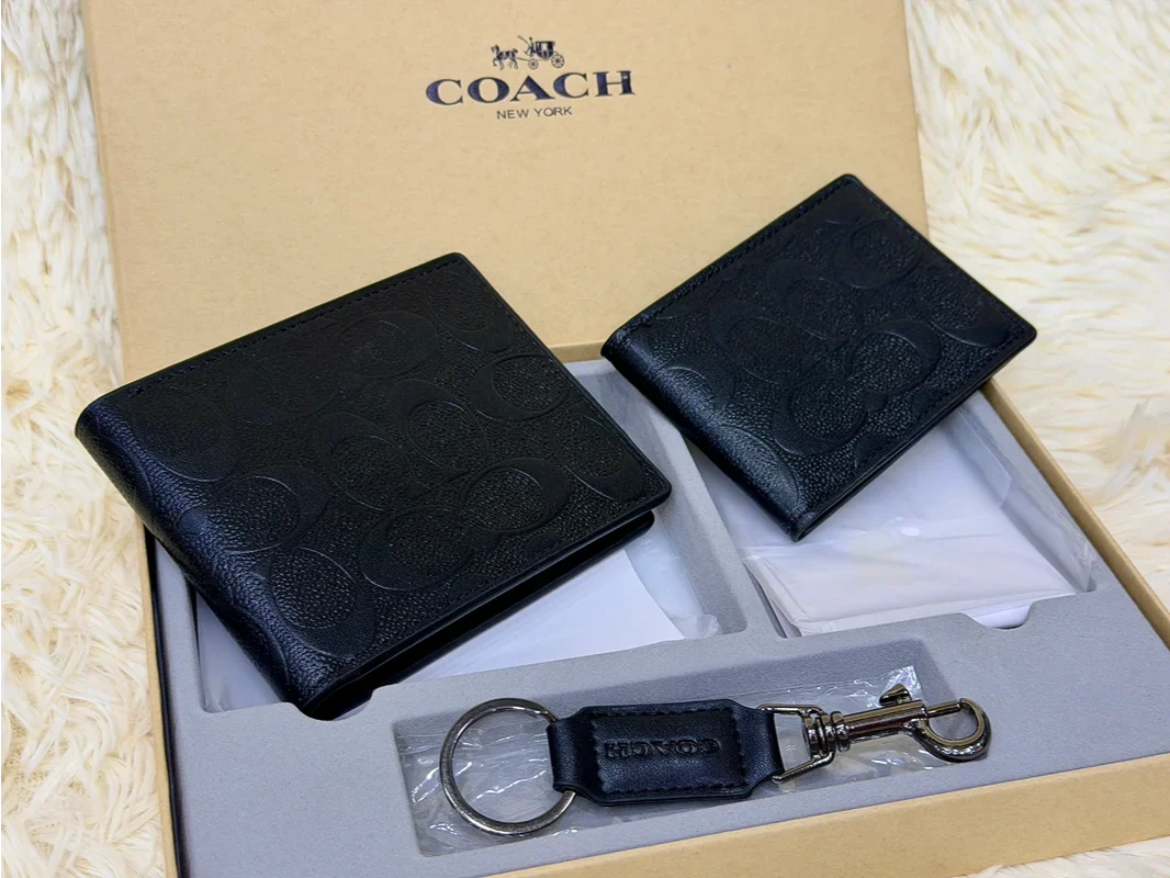 Coach Black Tonal Signature Wallet Gift Set with Card Holder & Keychain