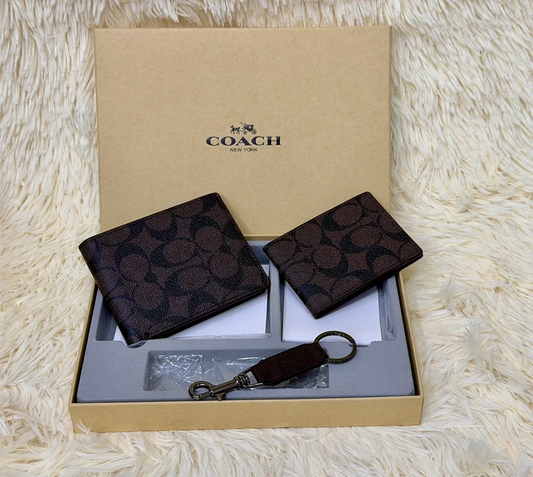 Coach Brown Signature Canvas Wallet Gift Set with Card Holder & Keychain