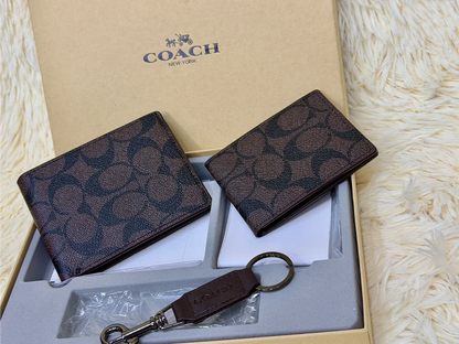 Coach Brown Signature Canvas Wallet Gift Set with Card Holder & Keychain