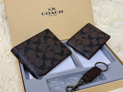 Coach Brown Signature Canvas Wallet Gift Set with Card Holder & Keychain