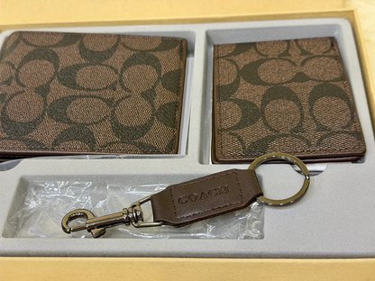 Coach Brown Signature Canvas Wallet Gift Set with Card Holder & Keychain