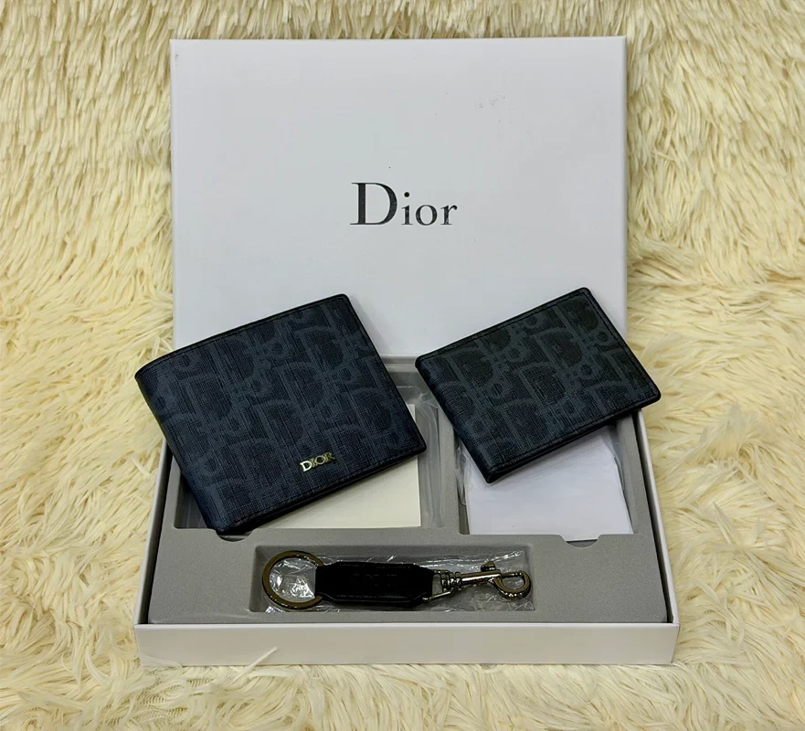 Dior Charcoal Monogram Wallet Gift Set with Card Holder & Keychain