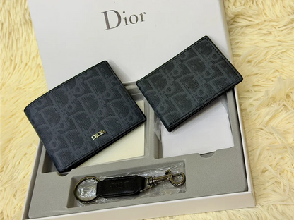 Dior Charcoal Monogram Wallet Gift Set with Card Holder & Keychain