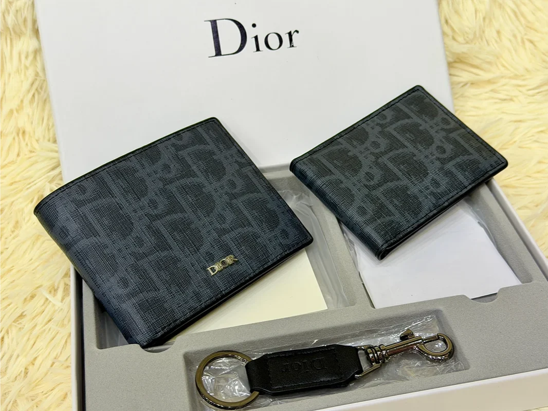 Dior Charcoal Monogram Wallet Gift Set with Card Holder & Keychain