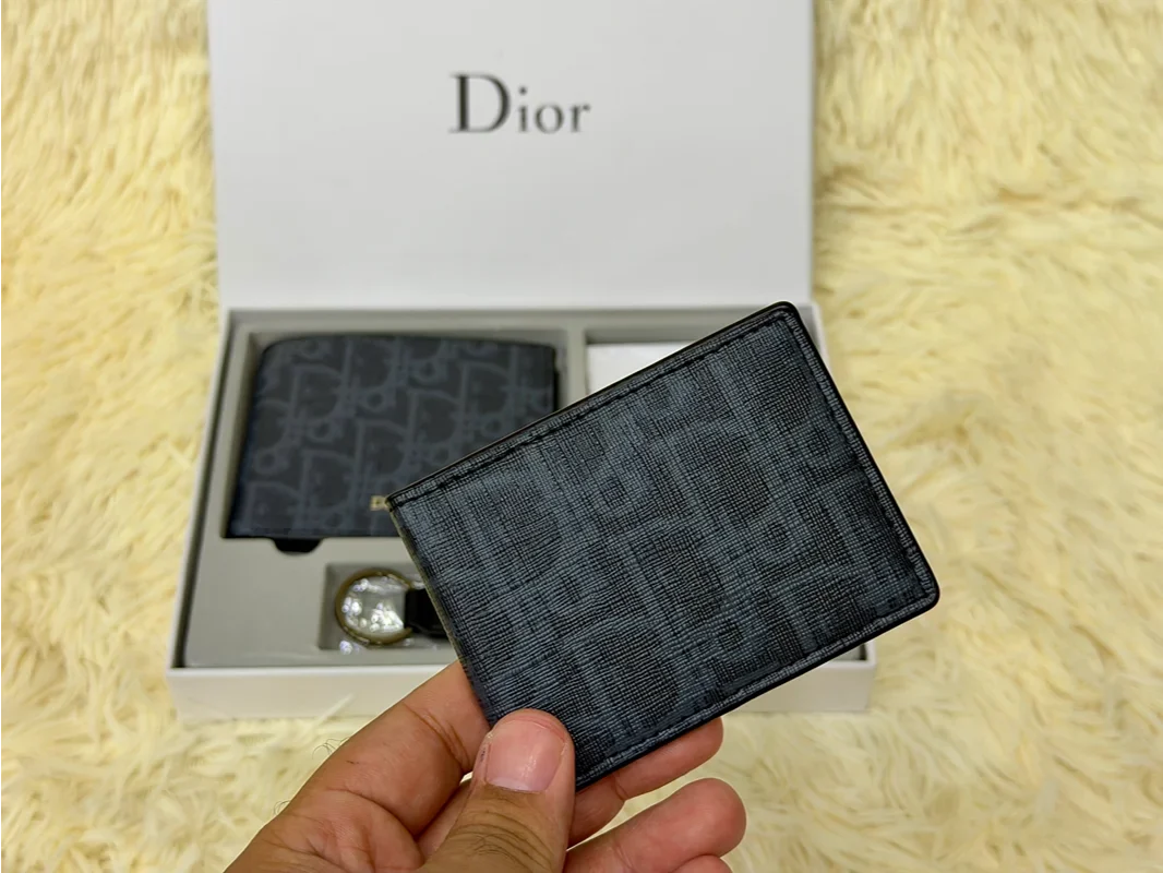 Dior Charcoal Monogram Wallet Gift Set with Card Holder & Keychain