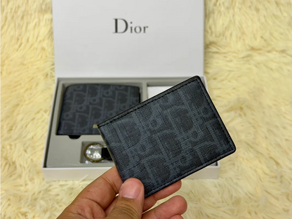 Dior Charcoal Monogram Wallet Gift Set with Card Holder & Keychain