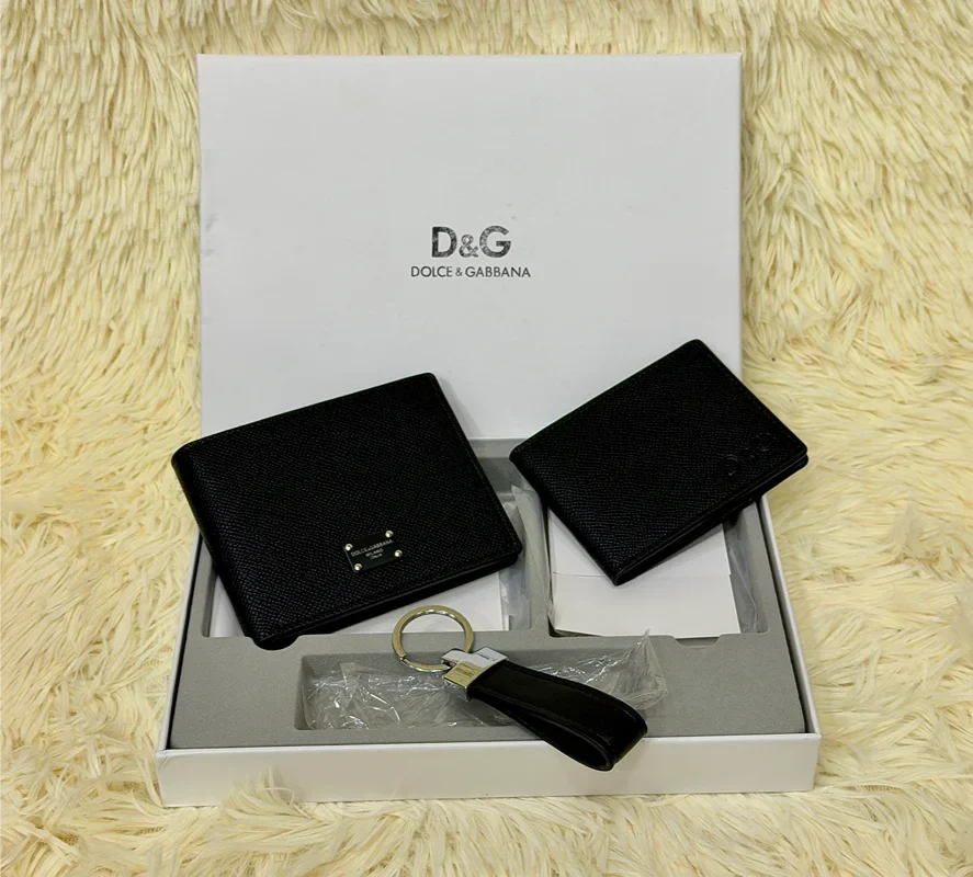 Dolce & Gabbana Black Saffiano Wallet Gift Set with Card Holder & Keychain