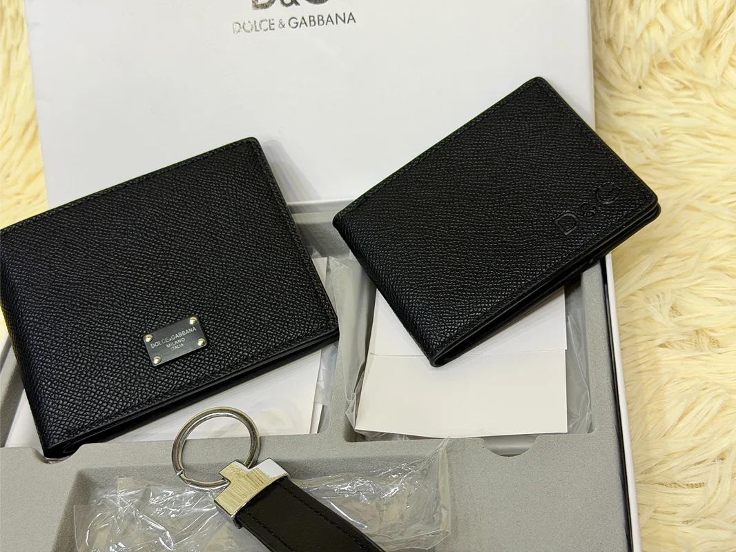 Dolce & Gabbana Black Saffiano Wallet Gift Set with Card Holder & Keychain