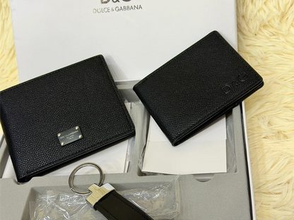 Dolce & Gabbana Black Saffiano Wallet Gift Set with Card Holder & Keychain