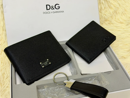 Dolce & Gabbana Black Saffiano Wallet Gift Set with Card Holder & Keychain
