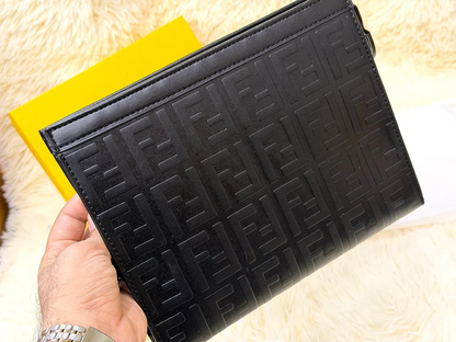 Fendi Black Embossed FF Pattern Zip Pouch