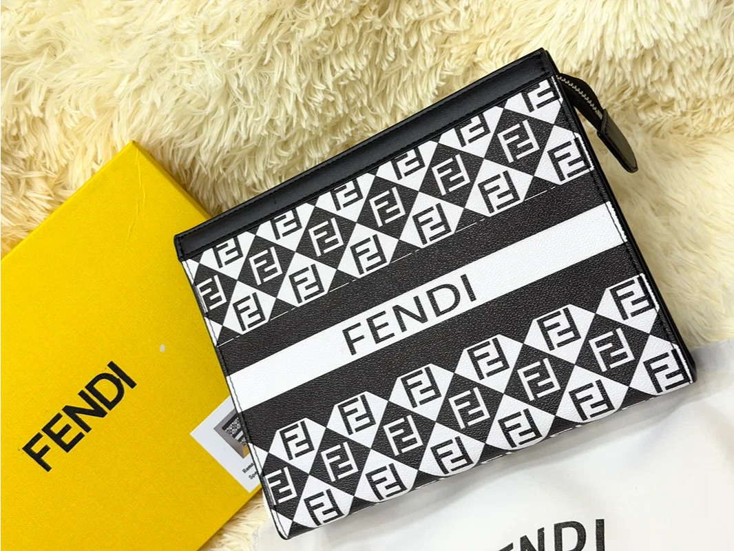 Fendi Black & White FF Logo Pattern Zip Pouch