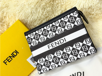 Fendi Black & White FF Logo Pattern Zip Pouch