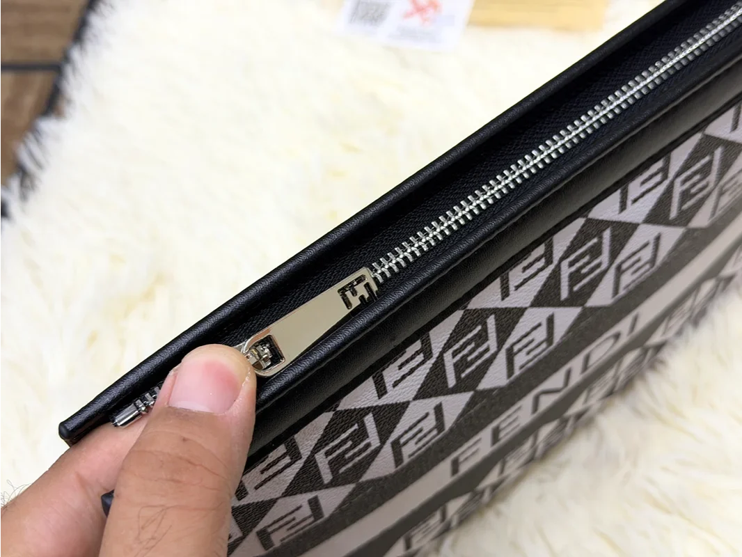 Fendi Black & White FF Logo Pattern Zip Pouch
