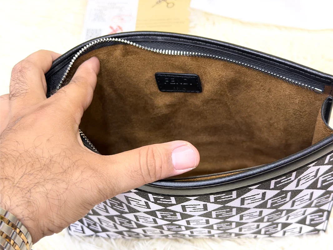 Fendi Black & White FF Logo Pattern Zip Pouch