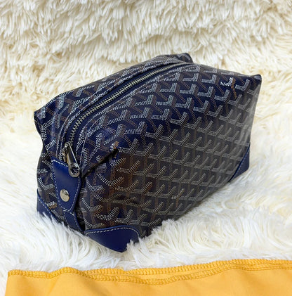 Goyard Dark Blue Double-Zip Travel Pouch with Signature Pattern
