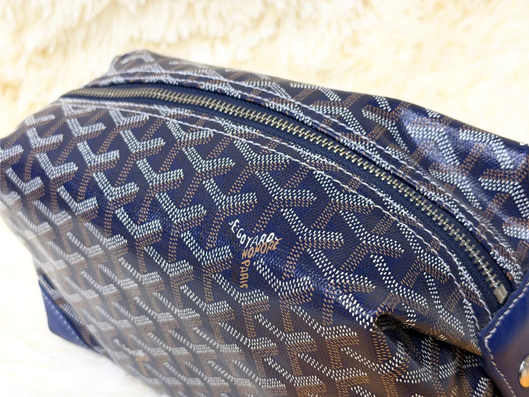 Goyard Dark Blue Double-Zip Travel Pouch with Signature Pattern