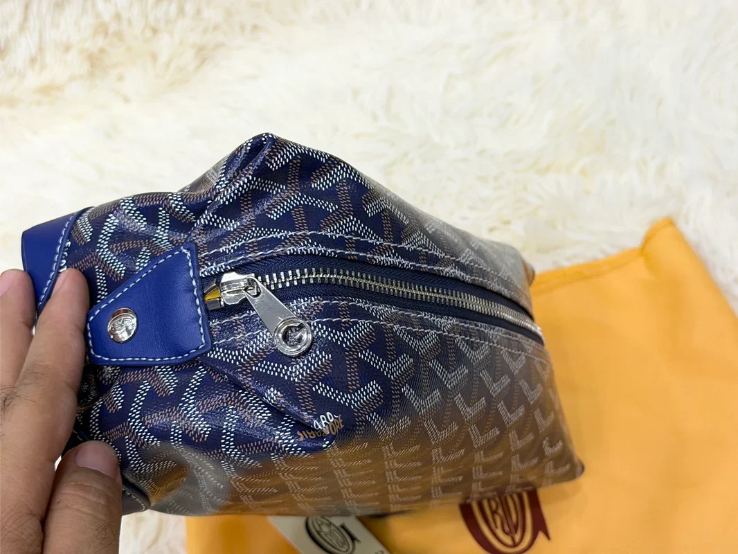 Goyard Dark Blue Double-Zip Travel Pouch with Signature Pattern
