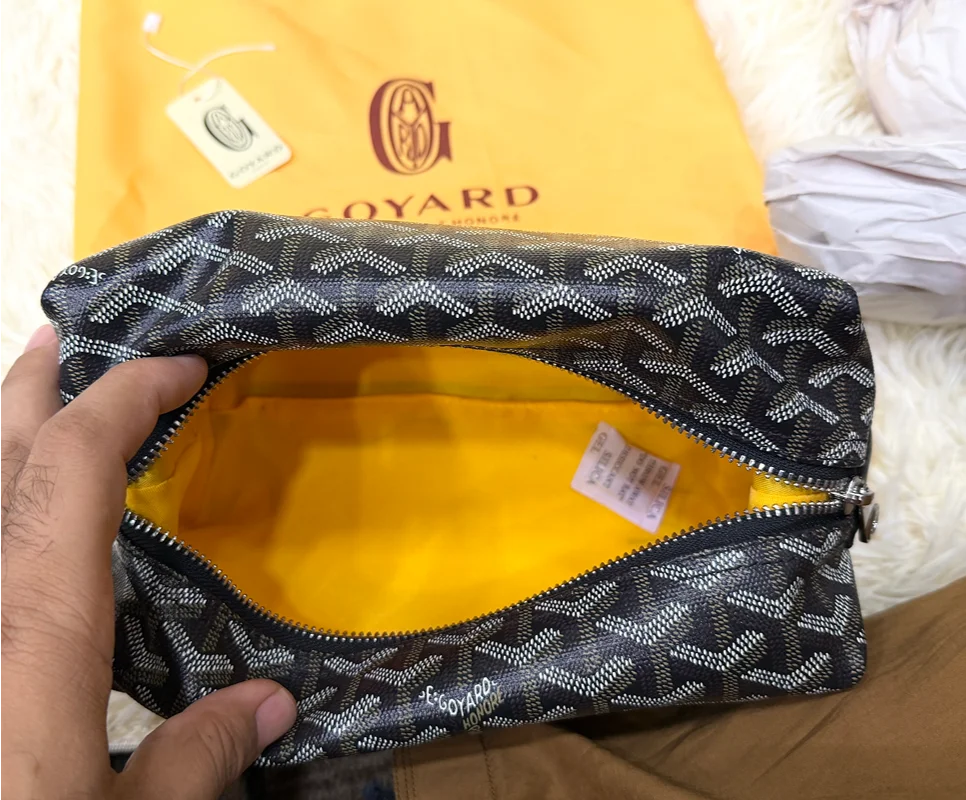 Goyard Dark Brown Monogram Zip Pouch with Leather Trim