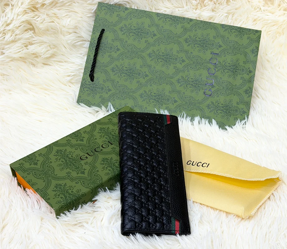 Gucci Black Embossed GG Long Wallet with Green Red Web Accents