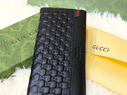 Gucci Black Embossed GG Long Wallet with Green Red Web Accents