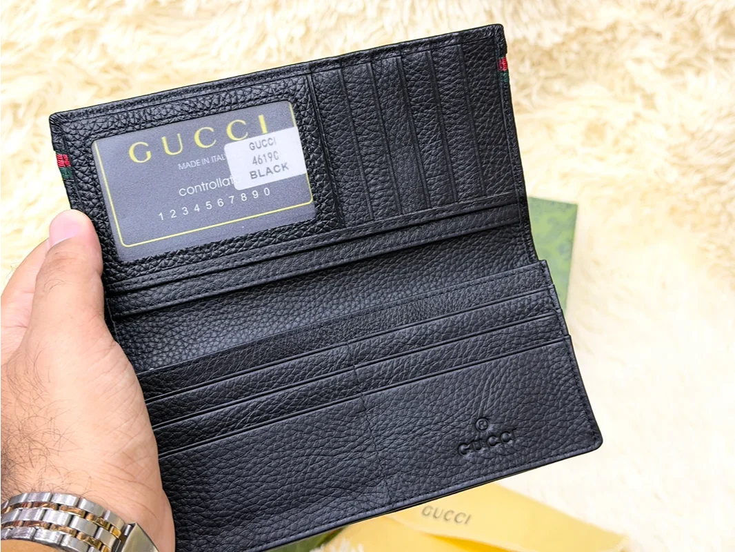 Gucci Black Embossed GG Long Wallet with Green Red Web Accents