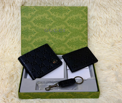 Gucci Black Embossed GG Pattern Wallet Gift Set with Card Holder & Keychain