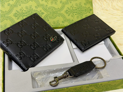 Gucci Black Embossed GG Pattern Wallet Gift Set with Card Holder & Keychain