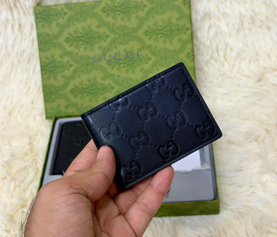 Gucci Black Embossed GG Pattern Wallet Gift Set with Card Holder & Keychain