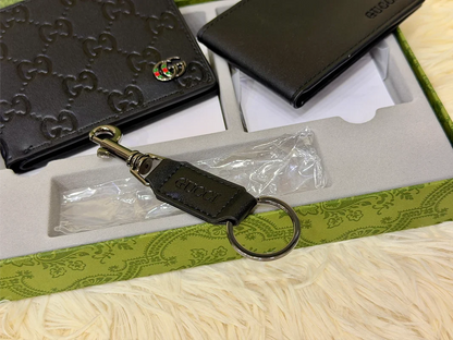 Gucci Black GG Embossed Wallet Gift Set with Card Holder & Keychain