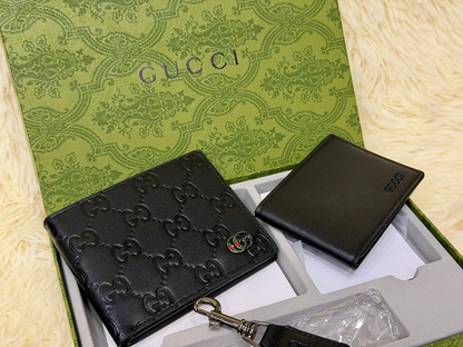 Gucci Black GG Embossed Wallet Gift Set with Card Holder & Keychain