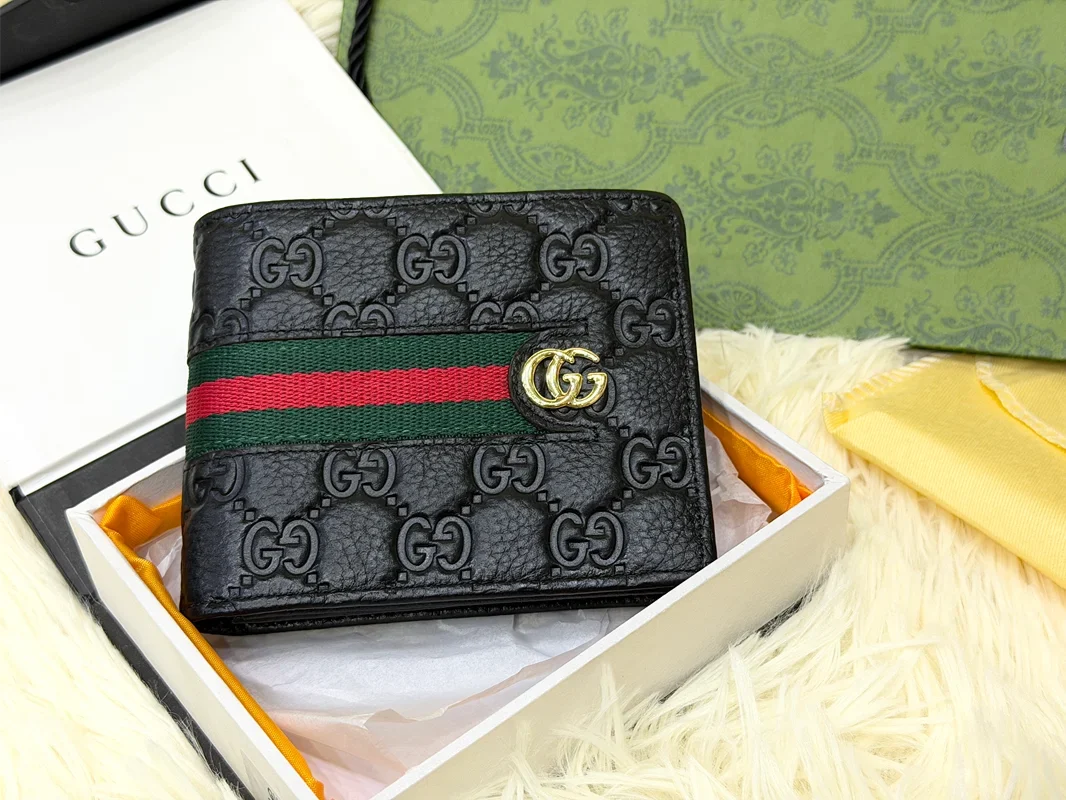 Gucci Black GG Monogram Bifold Wallet with Green & Red Web Stripe