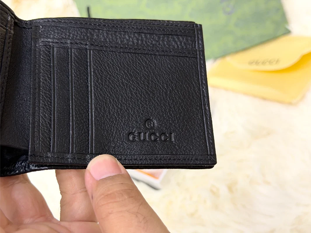 Gucci Black GG Monogram Bifold Wallet with Green & Red Web Stripe